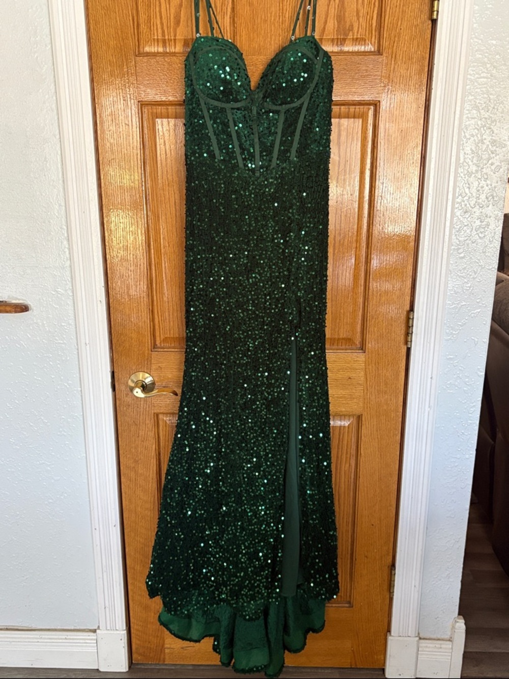 Emerald Green Sequin Spaghetti Strap Evening Gown